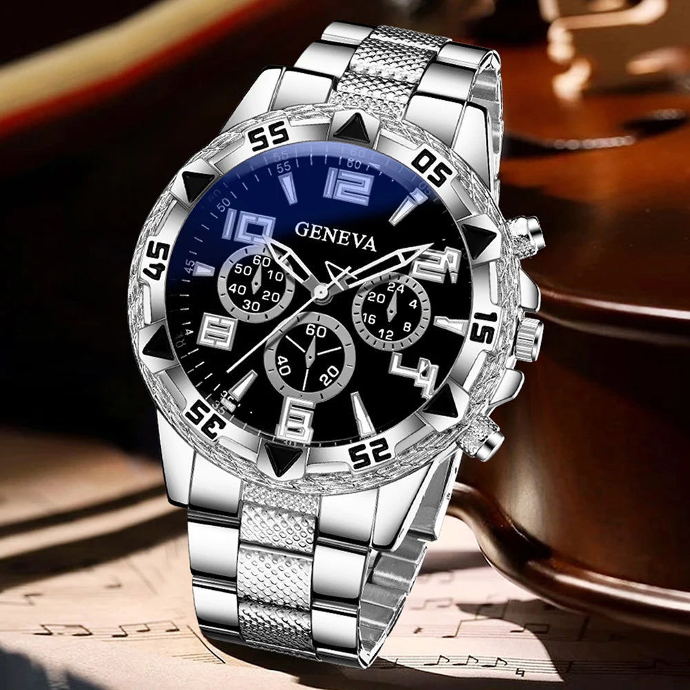 3PC Geneva black dial three eyed men's steel strap watch full diamond Cuban bracelet necklace three piece set Qme