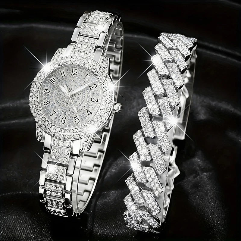 2PCS Luxury Rhinestone Women Watches Bracelet Set Fashion Arabic Dial Ladies Quartz Wristwatch Reloj Mujer Girls Clock Gift Qme Silver Kit