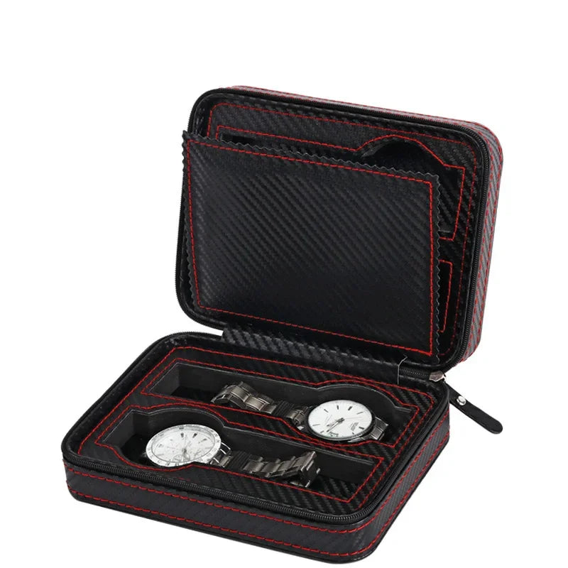 New Travel Dustproof Embedded Watch Box Zipper Portable PU Leather Storage Case Watch Display Box For Trips And Gifts Qme 4 Grids Carbon fiber