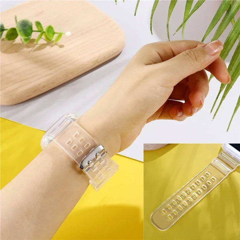 Clear Band + Case for Apple Watch Series 9 8 7 6 SE 5 49mm 45mm 44mm 42mm 41mm Transparent for iwatch 3 38mm 40mm Plastic Strap Qme