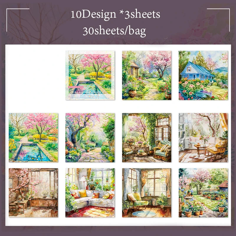 Material Paper 30 sheets/bag Spring Watercolour Landscape Handbook Stationery DIY Handmade & Scrapbook Journal Decoration Qme 2