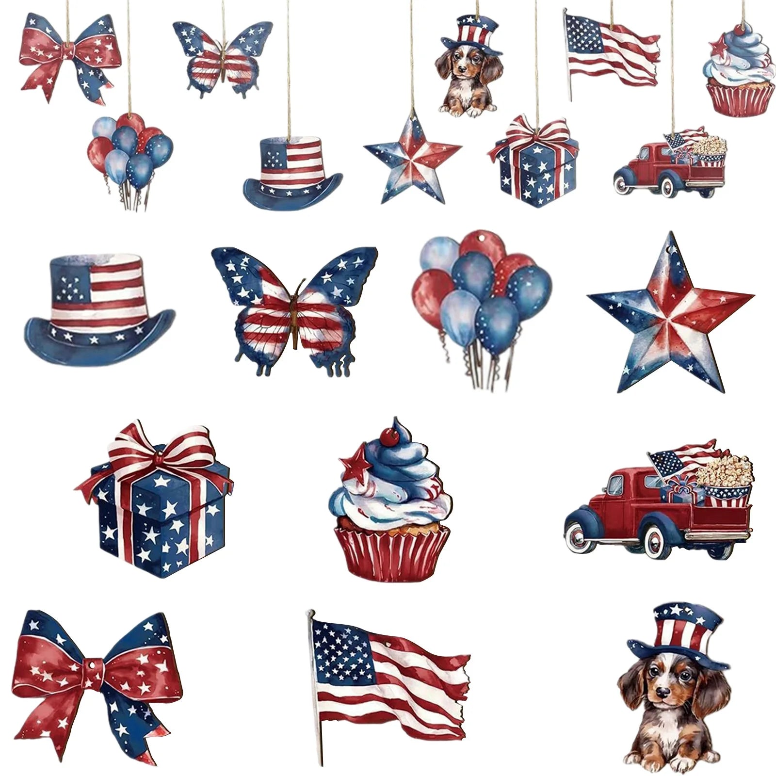 Independence Day Hanging Wooden Ornament Set Includes 12 Patterns and Hanging Ropes Anniversary Party DIY Decor Supplies Qme A One Size