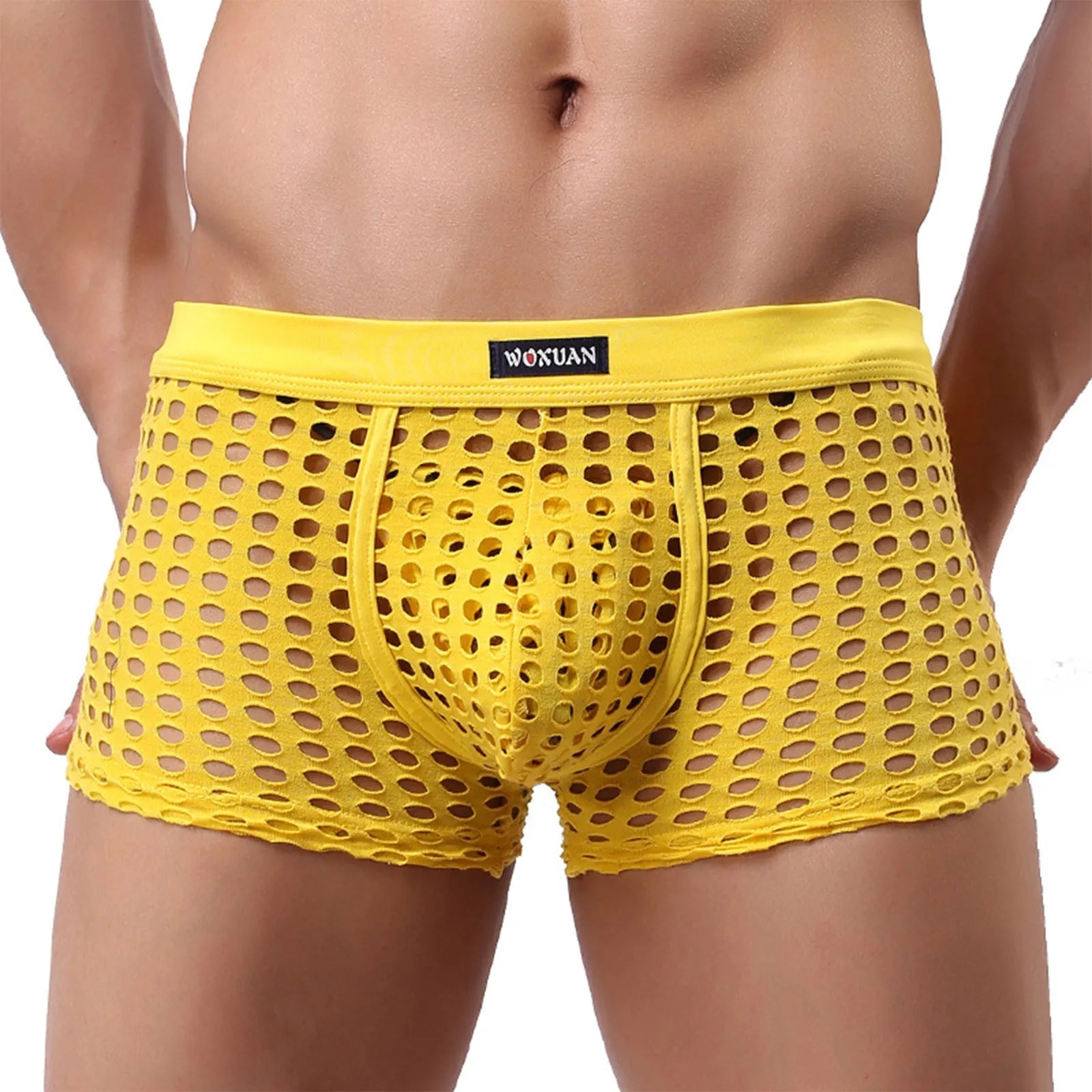 See-through Sexy Mens Mesh Hollowed Out Shorts Underwear Breathable Loose Comfortable Erotic Thongs Qme Yellow XXL