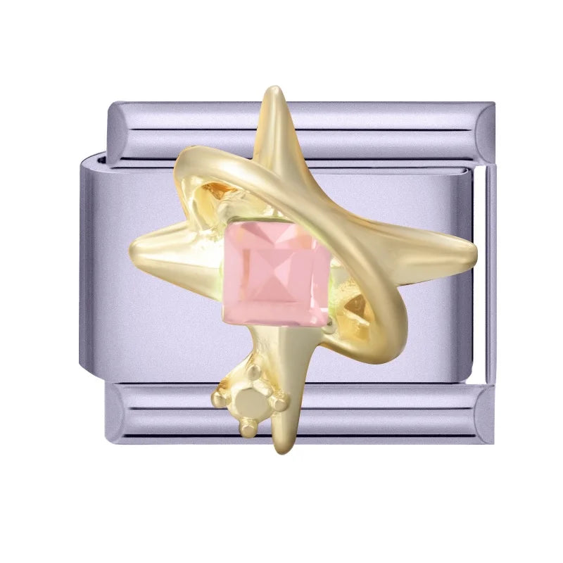 Sweet Shiny Gold Color Zircon Bow Moon Cherry Star Italian Charm Links Fit 9mm Stainless Steel Bracelet Women Jewelry DIY Making Qme Style 27