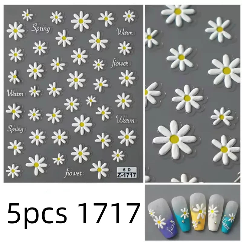 5D Flower Daisy Embossed Stickers Nail Sliders Decals Daisy White Florals Petals Flowers Back Glue Nail Sticker Decoration Qme 5pcs 1717