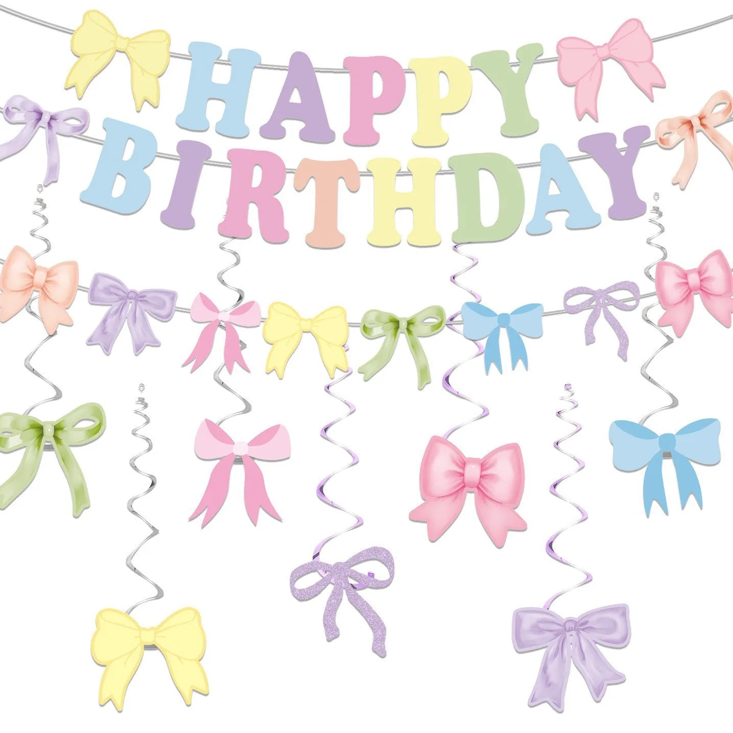 Bow Party Flag Decoration Set Pink/Blue/Black Bow Happy Birthday Banner Party Decor Bow Spiral Hanging Decor Scene Decor Props Qme Colorful