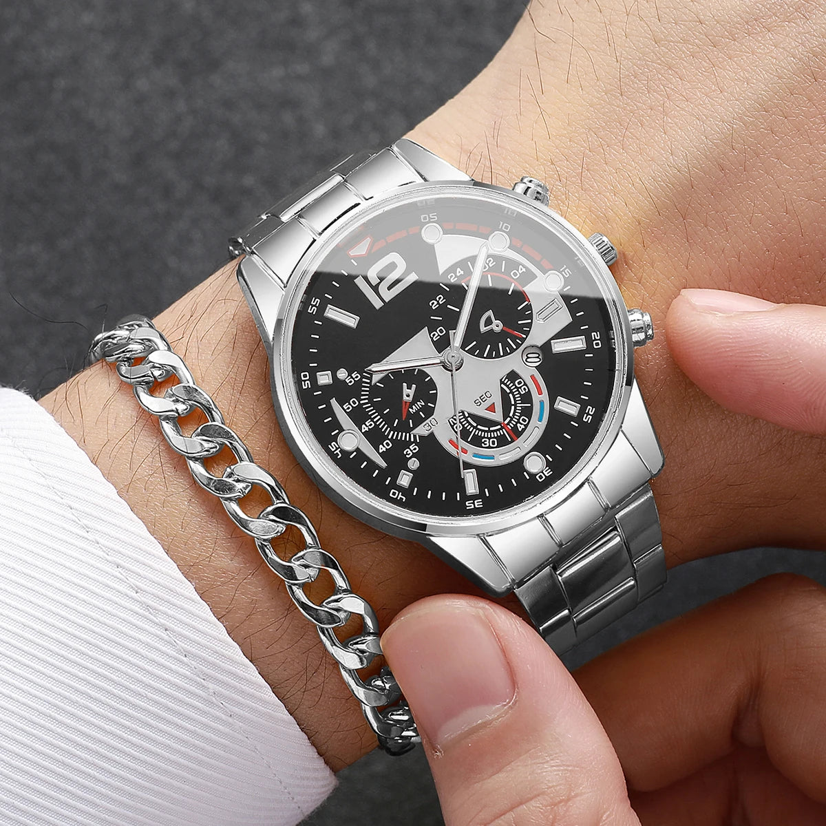 4pcs Fashion Couple's Watches Bracelets Set Men Calendar Business Watches Ladies Elastic Band Wristwatch（Without Box） Qme