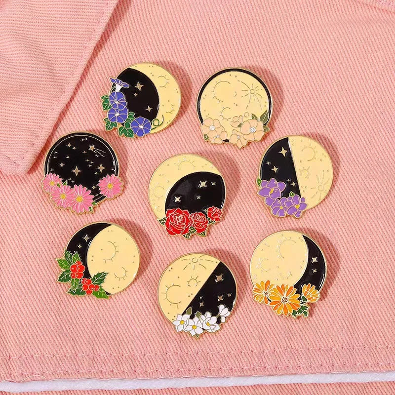 Flower Sun Moon Phase Enamel Pin Metal Badge Daisy Rose Astrology Brooch Lapel Backpack Accessories Jewelry Friends Wholesale Qme