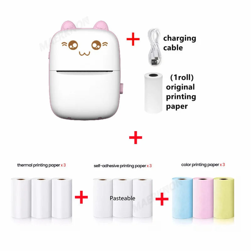 58mm Mini Portable Thermal Printer Wireless Bluetooth Mobile Pocket Photo Printer Memo Wrong Question HD Printing With USB Cable Qme Pink Printer 10Rolls