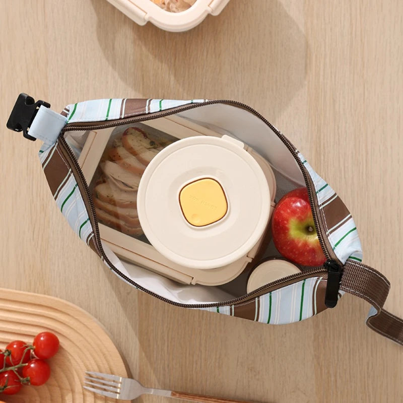 A Handheld Crossbody Striped Cooler Lunch Box Bag Lightweight Waterproof Reusable Bento Bag Outdoor Travel Picnic Food Carrier Qme