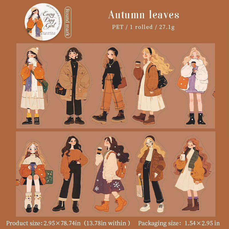1 Roll Fashion Girl Stickers 4 Seasons Outfit DIY Scrapbook Journal Washi Tape for Phone Case Notebook Decoration Cute Stationer Qme Autumn
