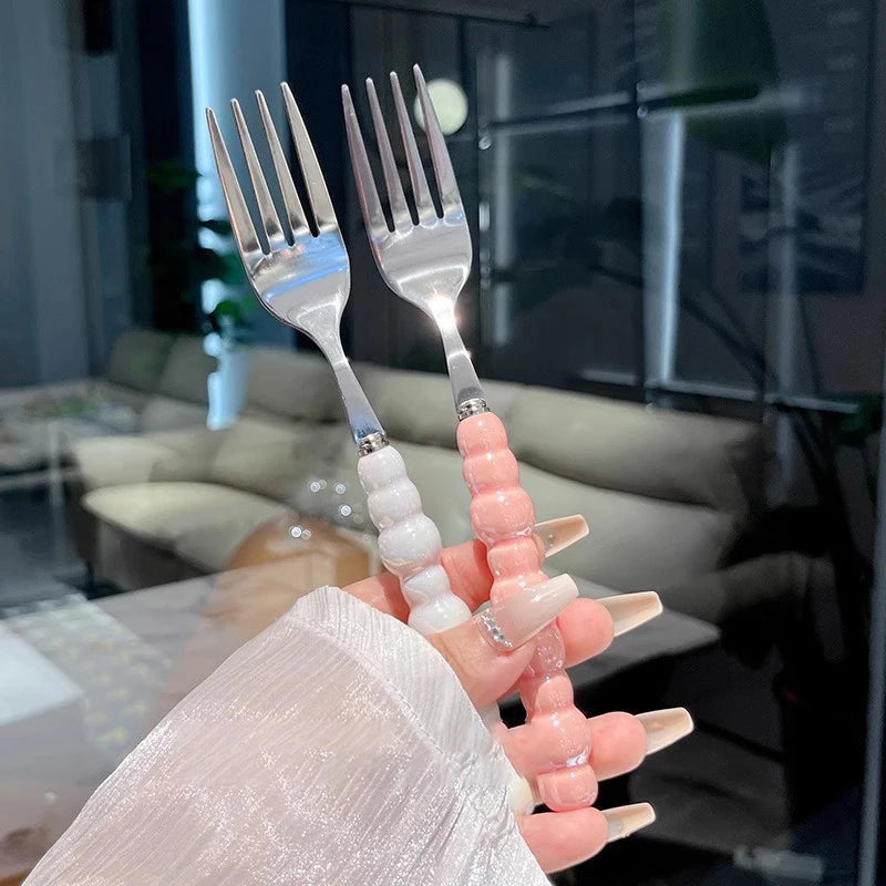 Pearl Handle Fork For Dessert Household Steak Stainless Steel Fork Salad Fork Dessert Pasta Fork Kitchen Accessories Gadgets. Qme