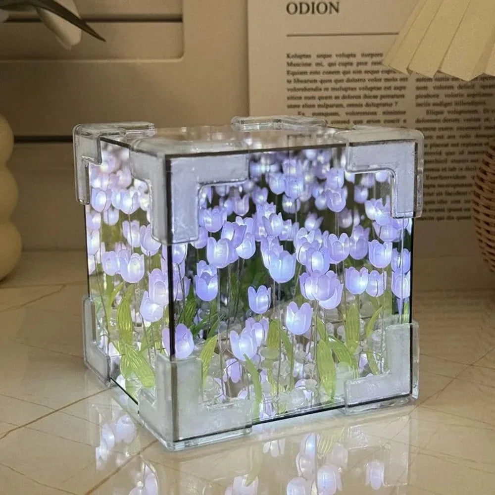 DIY Tulip Mirror Cube Lamp Simulation Flower Bedroom Sleeping Table Qme