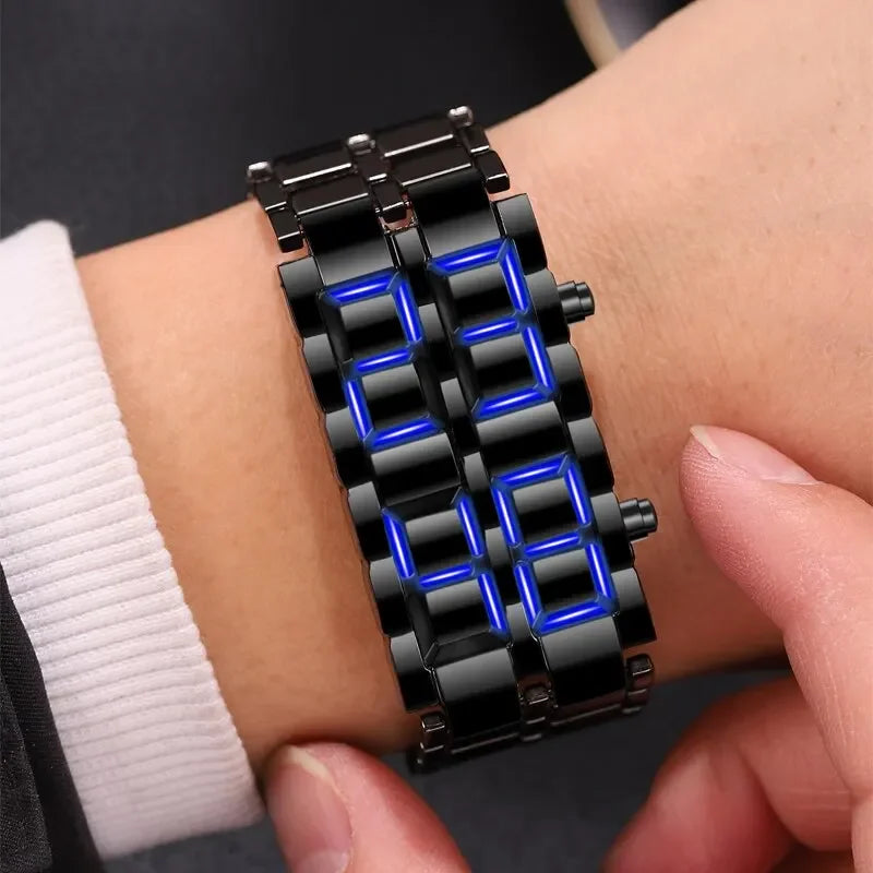 Relógio de pulso digital Lava masculino, metal completo preto, display LED azul, relógios masculinos, presentes para homem, Qme