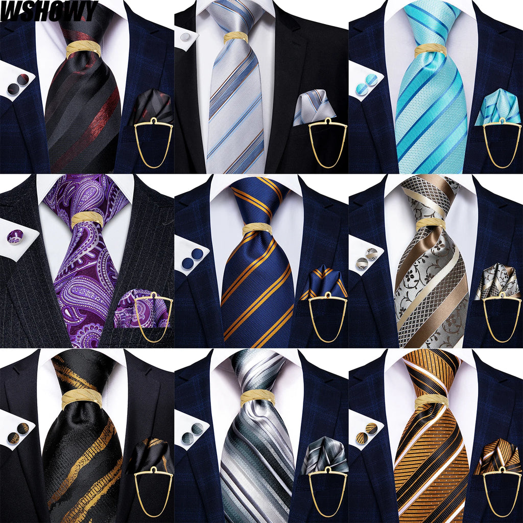 Hi-Tie 5PCS Mens Necktie With Hankie Cuffs Ring Chain-Gift Tie Set Fit Wedding Prom Office Fashion Design Quality Dropshipping Qme