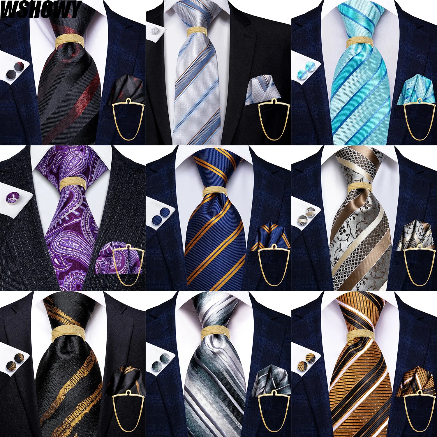 Hi-Tie 5PCS Mens Necktie With Hankie Cuffs Ring Chain-Gift Tie Set Fit Wedding Prom Office Fashion Design Quality Dropshipping Qme