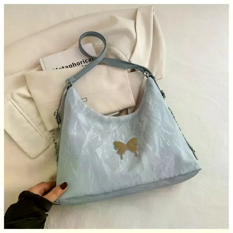 Women Fashion Shoulder Crossbody Dual-use Bag Silver Butterfly Decor Large Capacity For Daily Commute Shopping Travel Qme