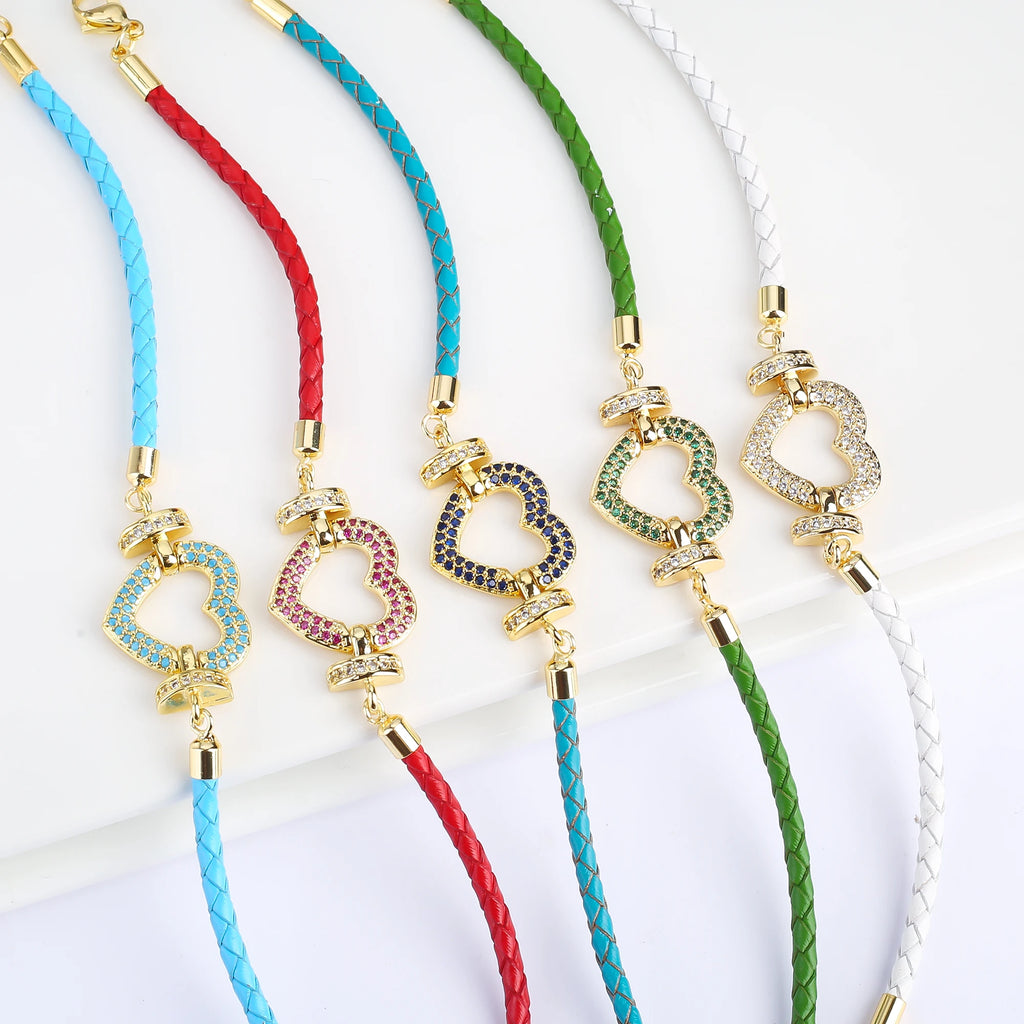 Genuine Leather Rope Braided Heart Shape Zirconia Ladies Bracelet Temperament for Women Girls Party Wedding Jewelry Holiday Gift Qme