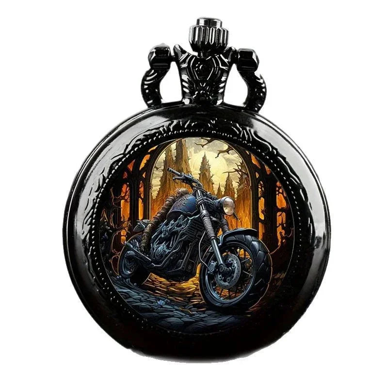 Vintage black motorcycle quartz pocket watch, necklace pendant with world time function Qme