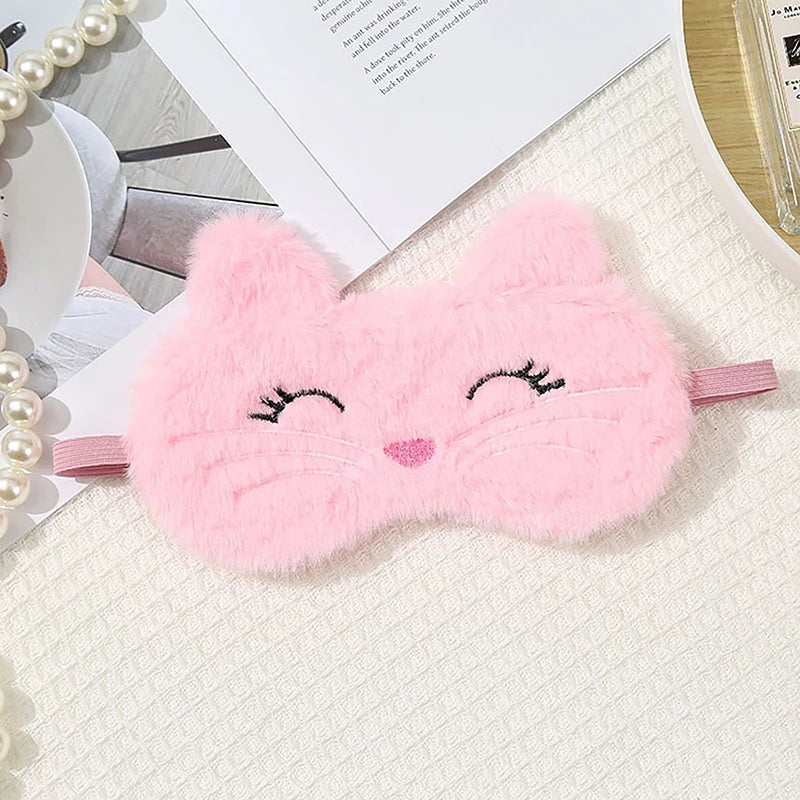 Cute Cartoon Cat Plush Sleep Mask Comfortable Eye Cover Travel Home Qme