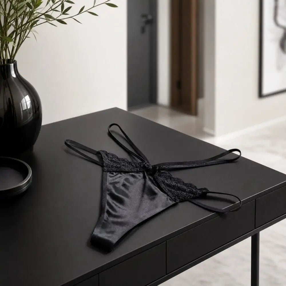 Cotton Crotch Lace Ice Silk Thong Thin Strap Traceless Bikini Briefs Low Waist Underpants T-back Panties Ladies Lingerie Qme