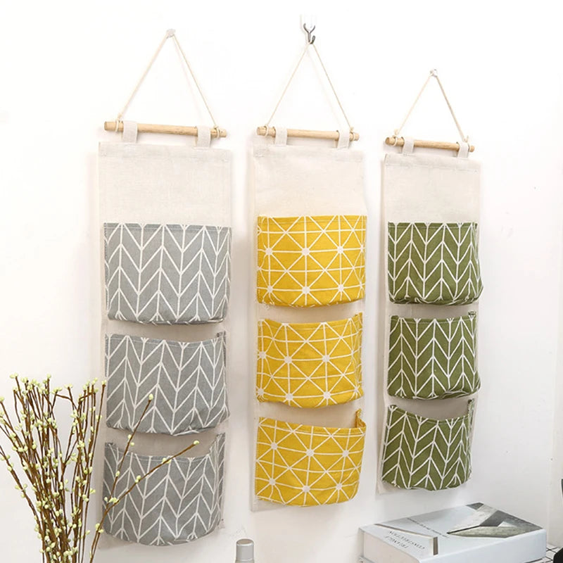 1PC Three Pockets Hanging Wall Storage Bag Household Bedroom Living Room Kitchen Cotton Linen Storage Bag Qme