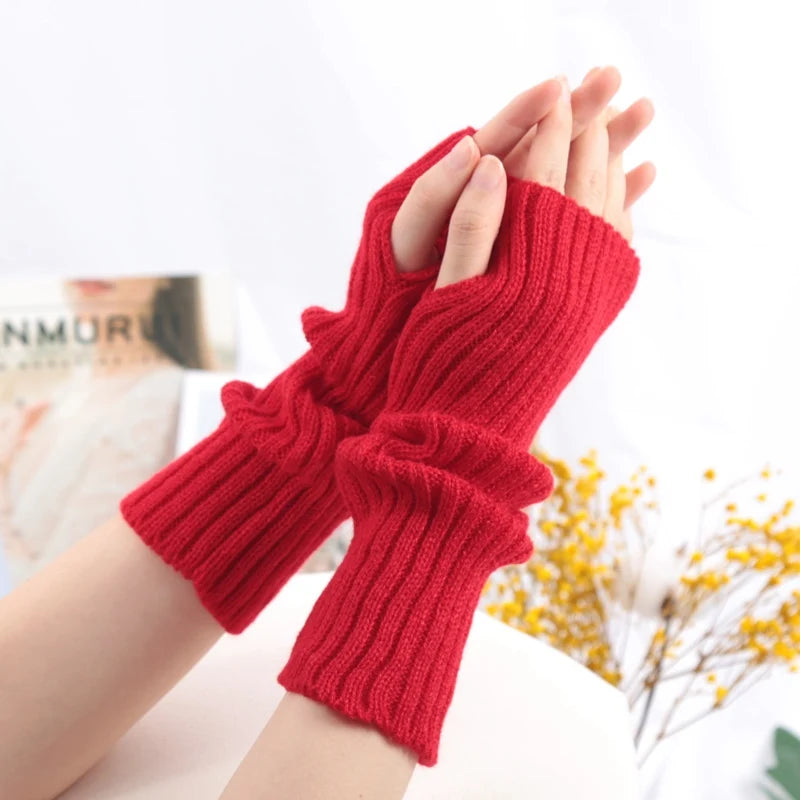 Women Long Fingerless Gloves Fashion Winter Warmer Mitten Arm Sleeve Qme Red length 30cm