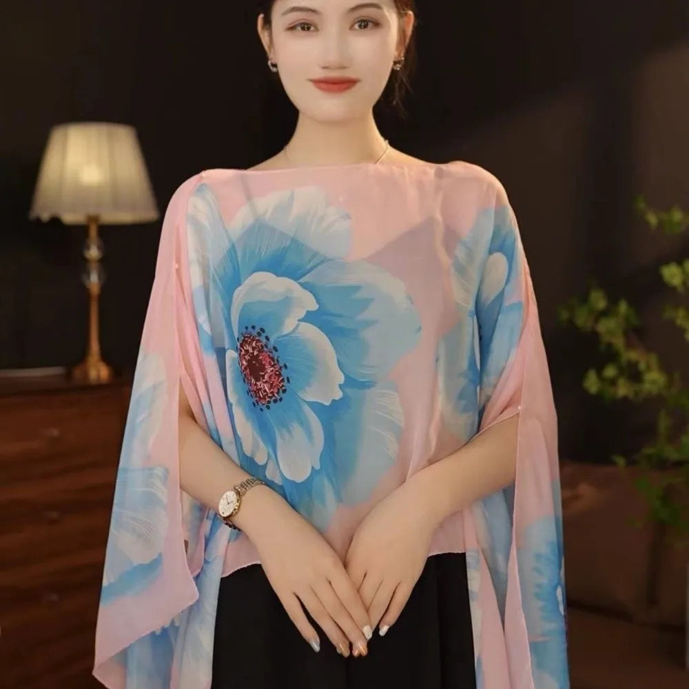 Multifuctional Breathable Shawl Flower Pattern Long Length Sun Protection Shawl Lightweight Breathable Fabric Chiffon Scarf Qme