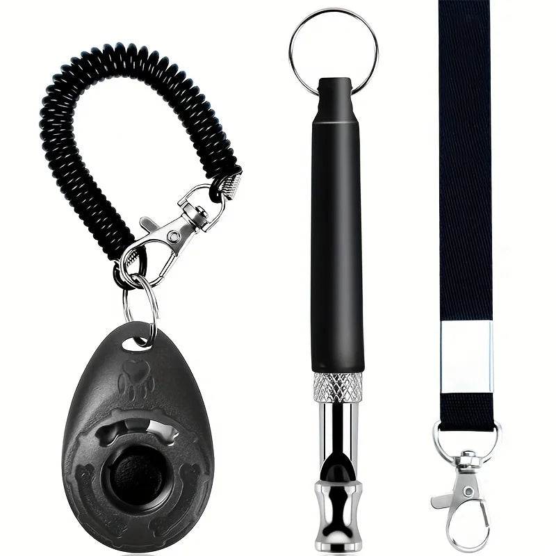 2pc pet exercise clicker, ultrasonic dog whistle (with 1 hanging rope), pet behavior training correction instruction beeper Qme black