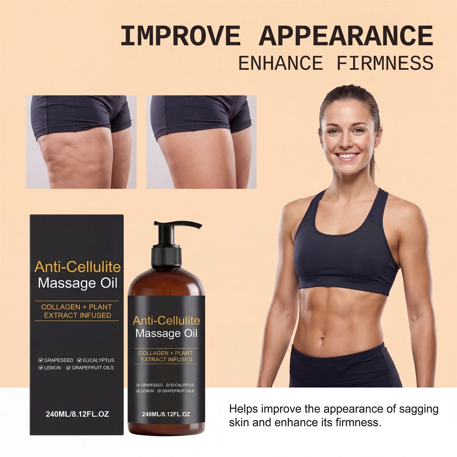 Firming Body Massage Oil with Collagen Anti Sagging Smoothing Cellulite Improve Skin Texture Refreshing Body Oil for Legs & Full Qme