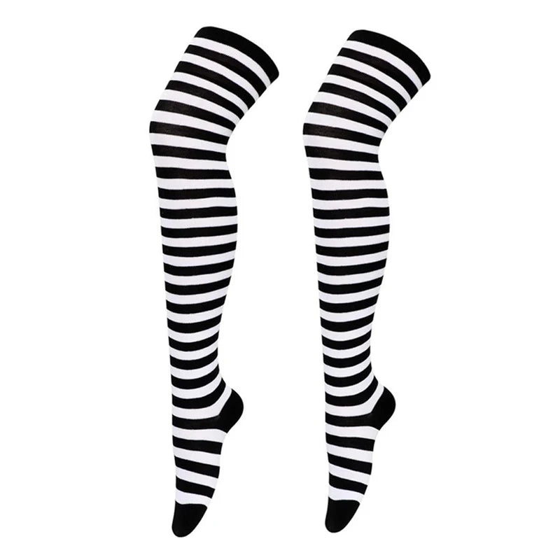 Sexy Long Over Knee Thigh Highs Socks Japanese Black White Striped Qme W-1 one size
