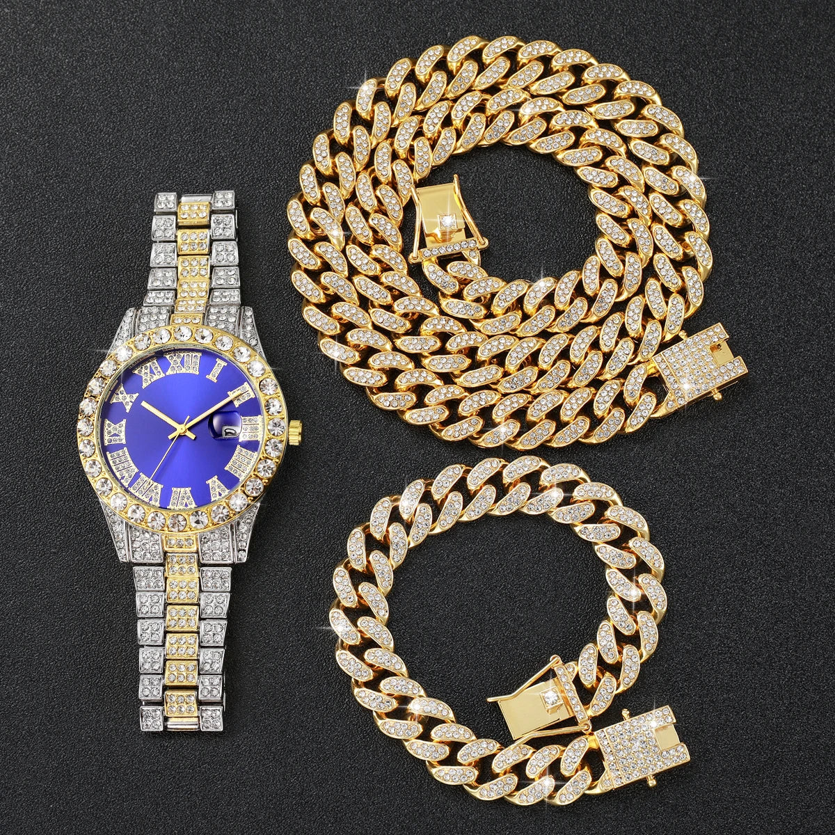 Relógio de quartzo com mostrador romano masculino com pulseira e colar, colar fashion, caixa não incluída, 3 peças por conjunto Qme 3pcs