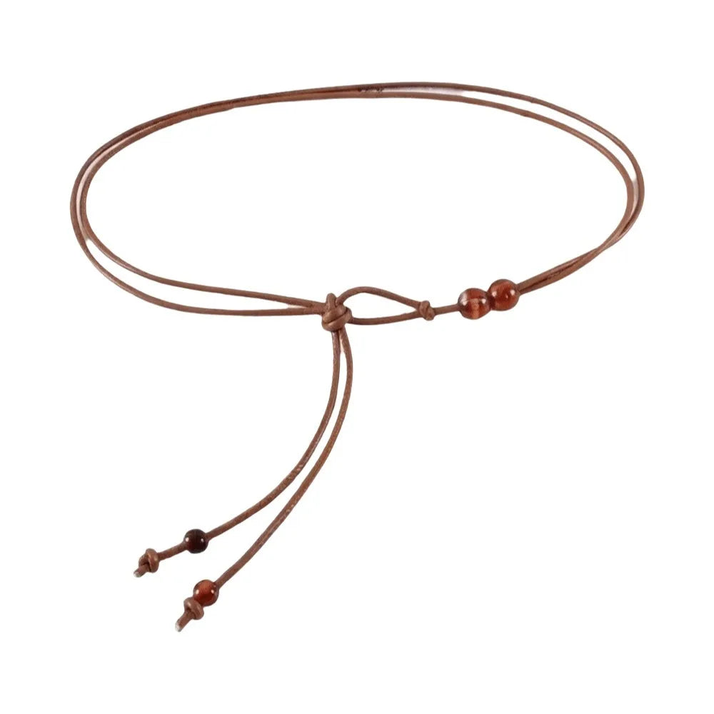 Retro Slim Rope Waist Chain Adjustable Bead Leather Waistband Chinese Qme Brown