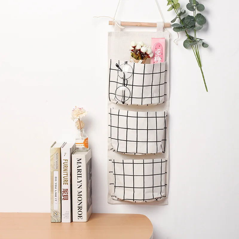 Three Pockets Hanging Wall Storage Bag Household Bedroom Living Room Kitchen Cotton Linen Storage Bag Qme