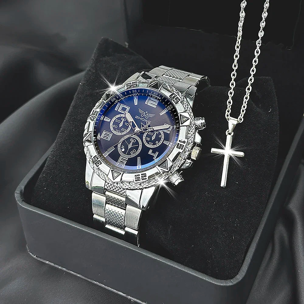 Men's Watch Set + Necklace with Cross Fashion Casual Stainless Steel Three-dial Quartz Watch Fathers Day Graduation Gift Set Qme