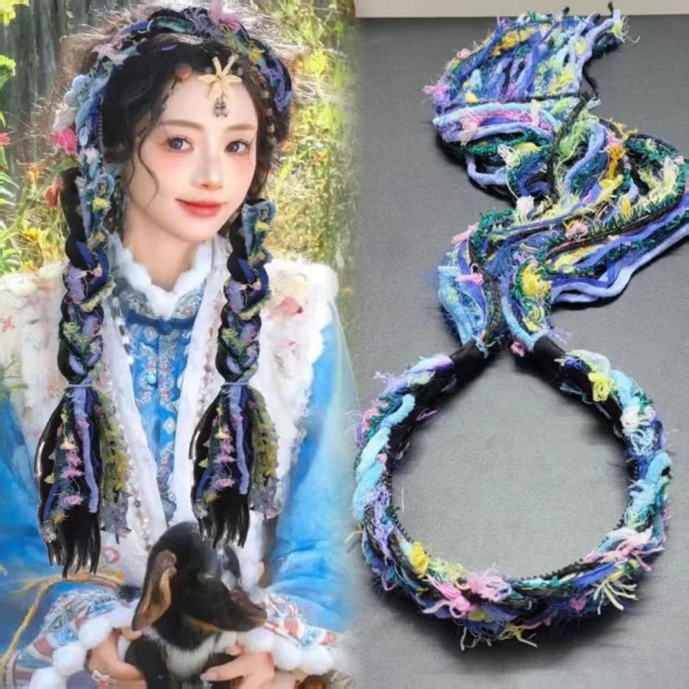 Boho Style Chinese Tibetan Hairband Colorful Ribbon Long Tassel Braid Hairband Candy Colored Weaving Ethnic Hair Hoop Qme Blue
