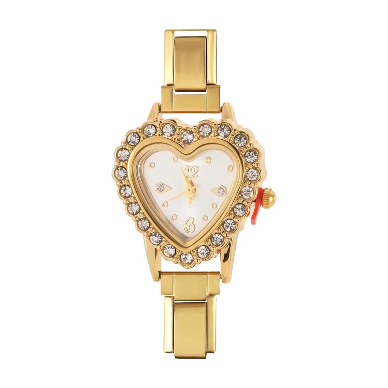 Men Womens Stainless Steel Arabic Numerals Heart Shape Shiny CZ Watch