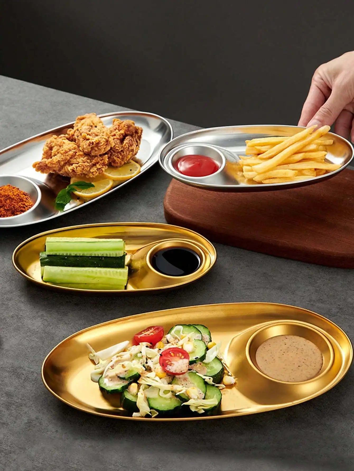 Stainless Steel Oval Tray Steak Plate Dumpling Special Sauce Snack Qme