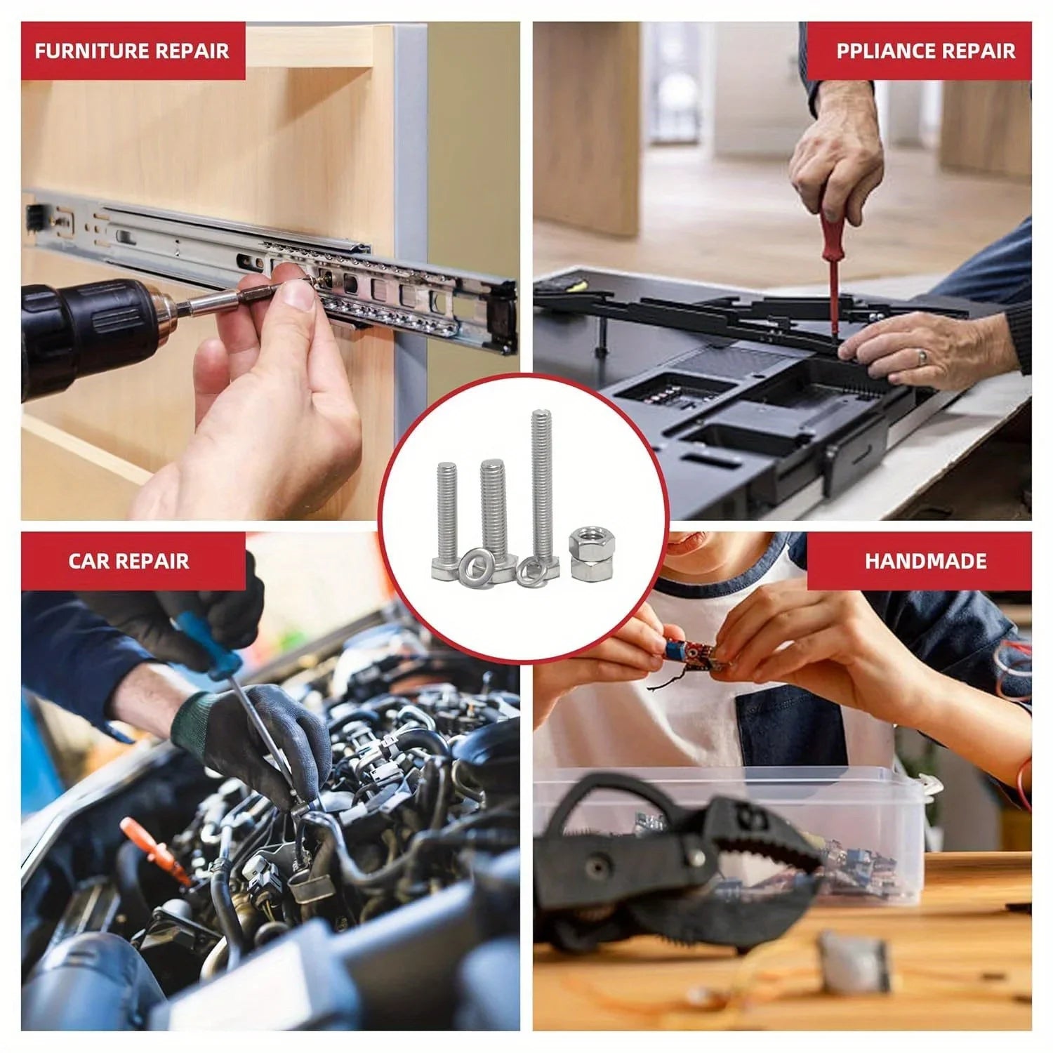 Fastener combination kit, suitable for machine screws of M3, M4, and M5 sizes, including metric screws with round heads Qme
