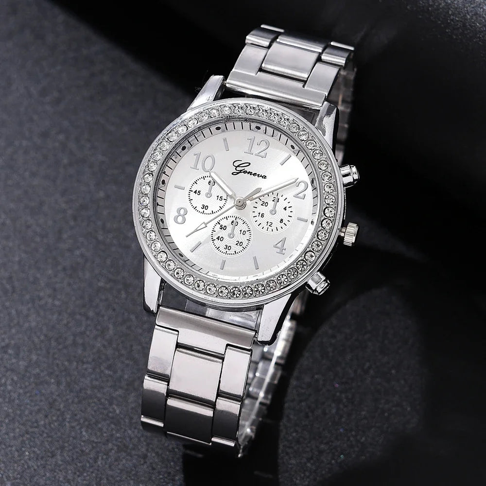 6PCS Set Luxury Watch Women Ring Necklace Earrings Rhinestone Fashion Wristwatch Female Casual Ladies Watches Bracelet Set Clock Qme