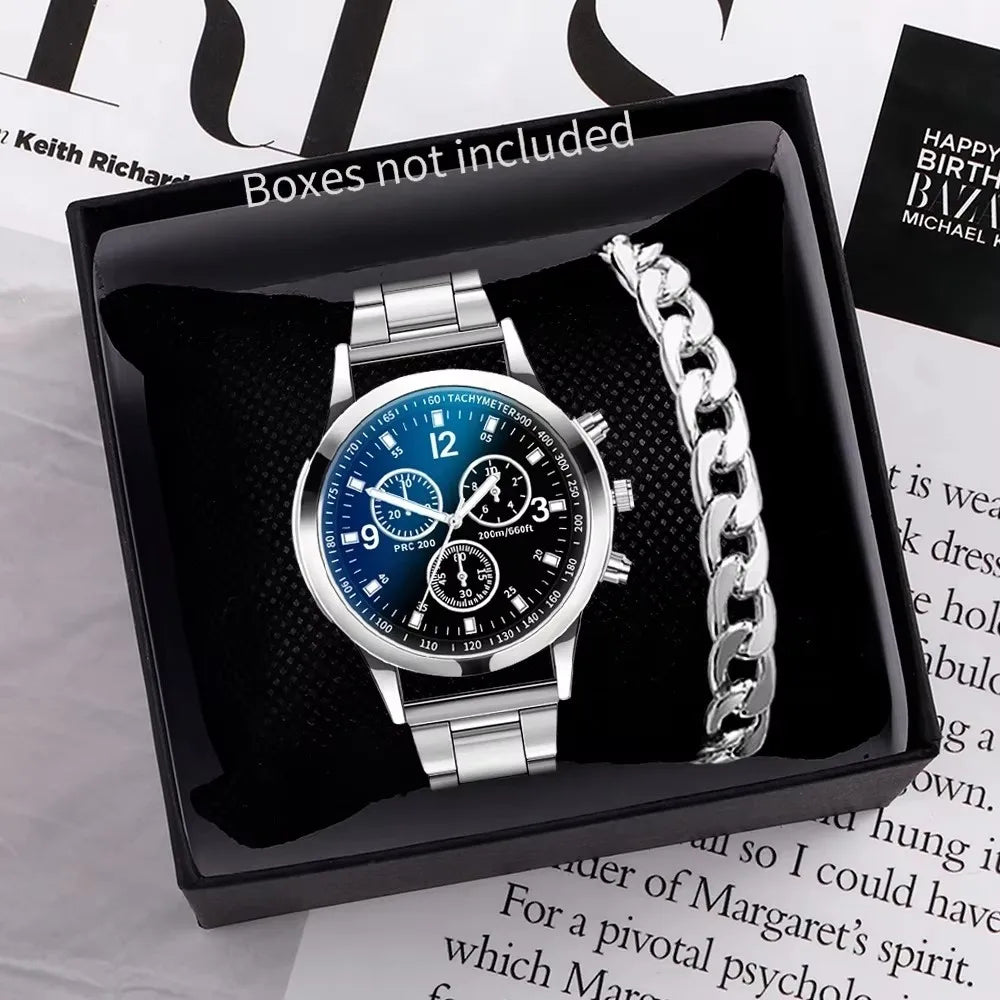 2pcs Business Men's Watch Quartz Watch and Men's Fashion Steel Strap Bracelet (excluding box) Qme black