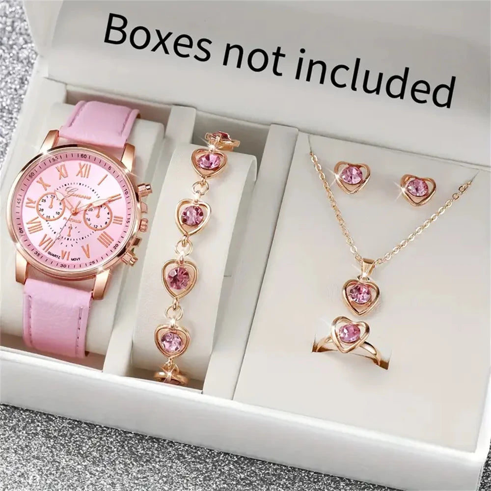 5Pcs Women Pink Suede Strap Watch Set, Floral Bezel Snowflake Dial Quartz Watch + Leaf Heart Pink Crystal Stack Bracelets Qme