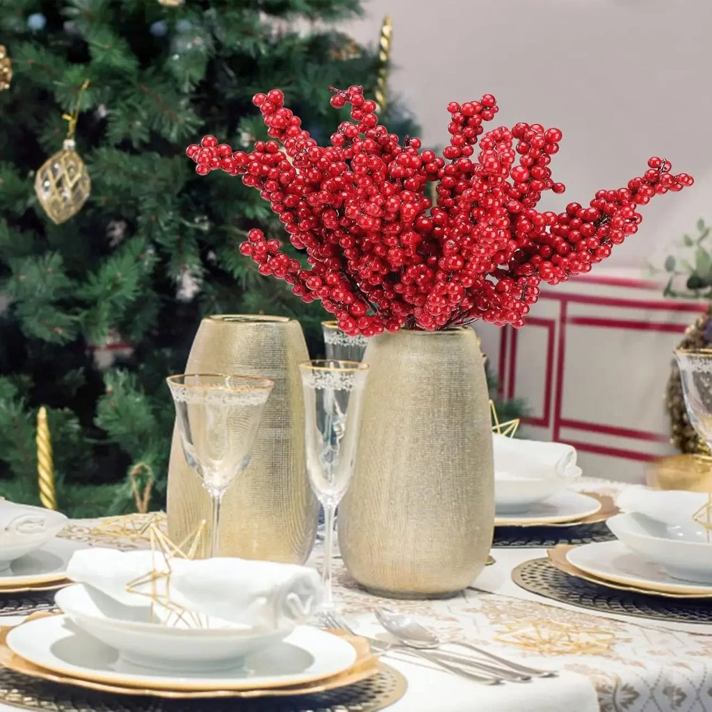 Artificial Berries Branches Christmas Red Holly Berry Stem DIY Flowers Simulation Plant Xmas Tree New Year Party Decor Ornaments Qme