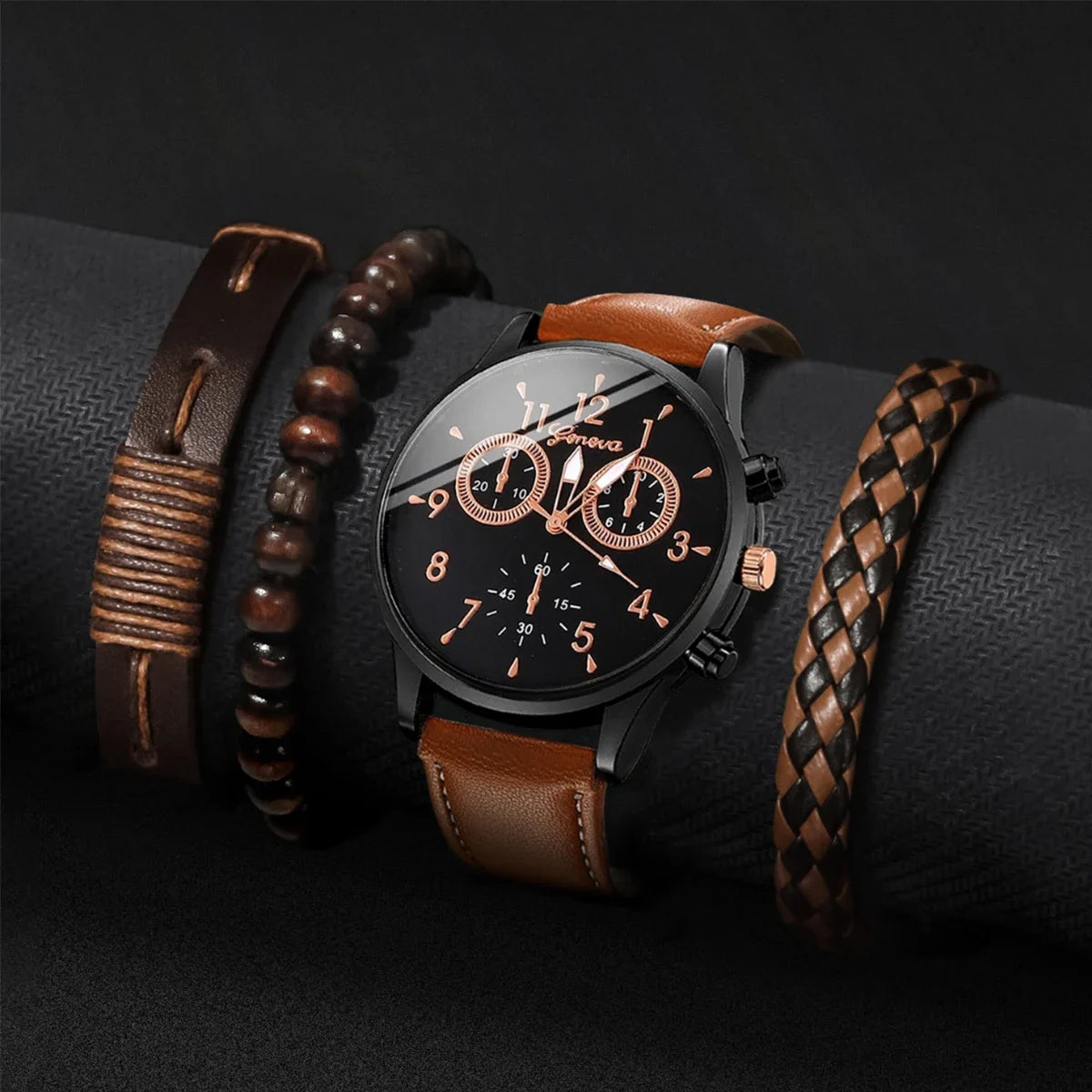 4 Pcs/Set Fashion Men's Casual Watches Men's Leather Bracelet Quartz Watch Man Present Bracelets Set (Without Box) Qme