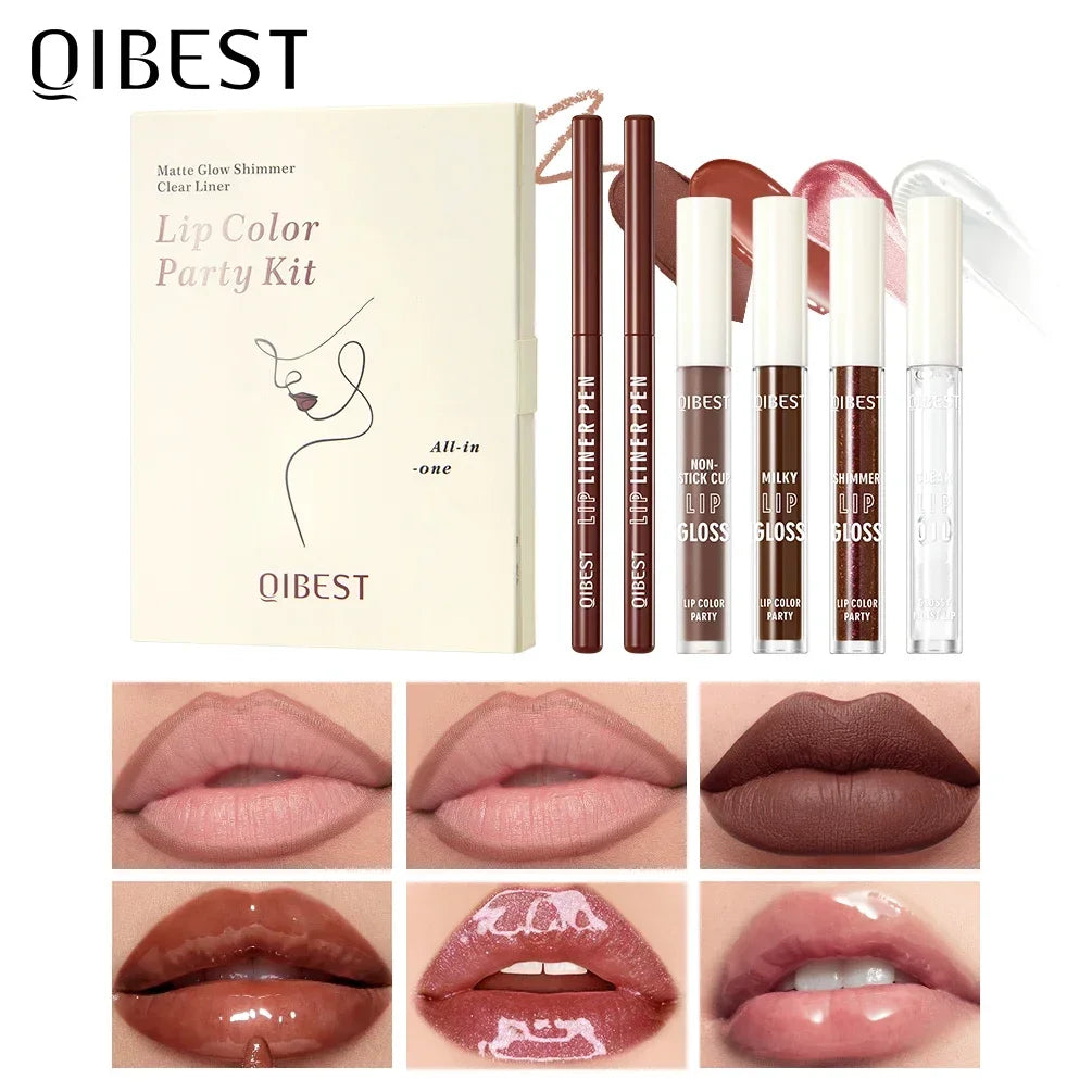 QIBEST Multi-Use Lip Makeup Sets Include 2 Lipliner,1 Liquid Lipstick,2 Mirror Lip Glaze And 1 Lip Oil Cosmetics Lipgloss Tint Qme 06