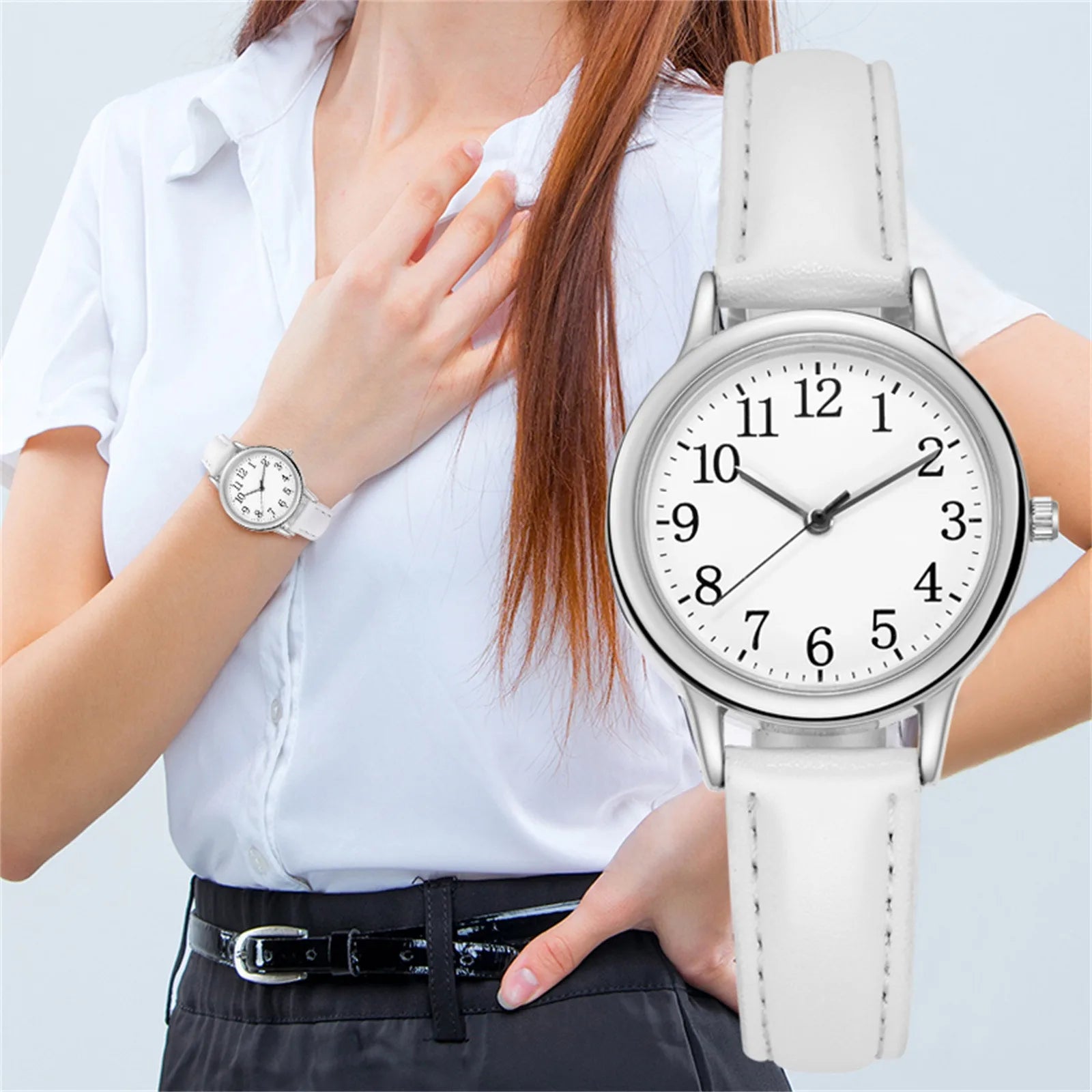 Leather Strap Movement Women Quartz Fine Watch Easy To Read Arabic Numerals Simple-Dial Fashion Minimalism Daily Versatile Watch Qme White