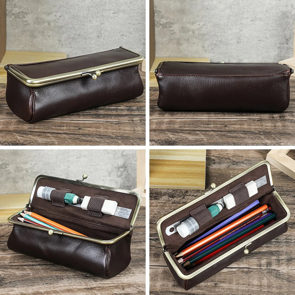 Handmade Vintage Genuine Leather Pencil Case Retro Storage Box for Office School Supplies Best Gift Stationery Storage Box Qme