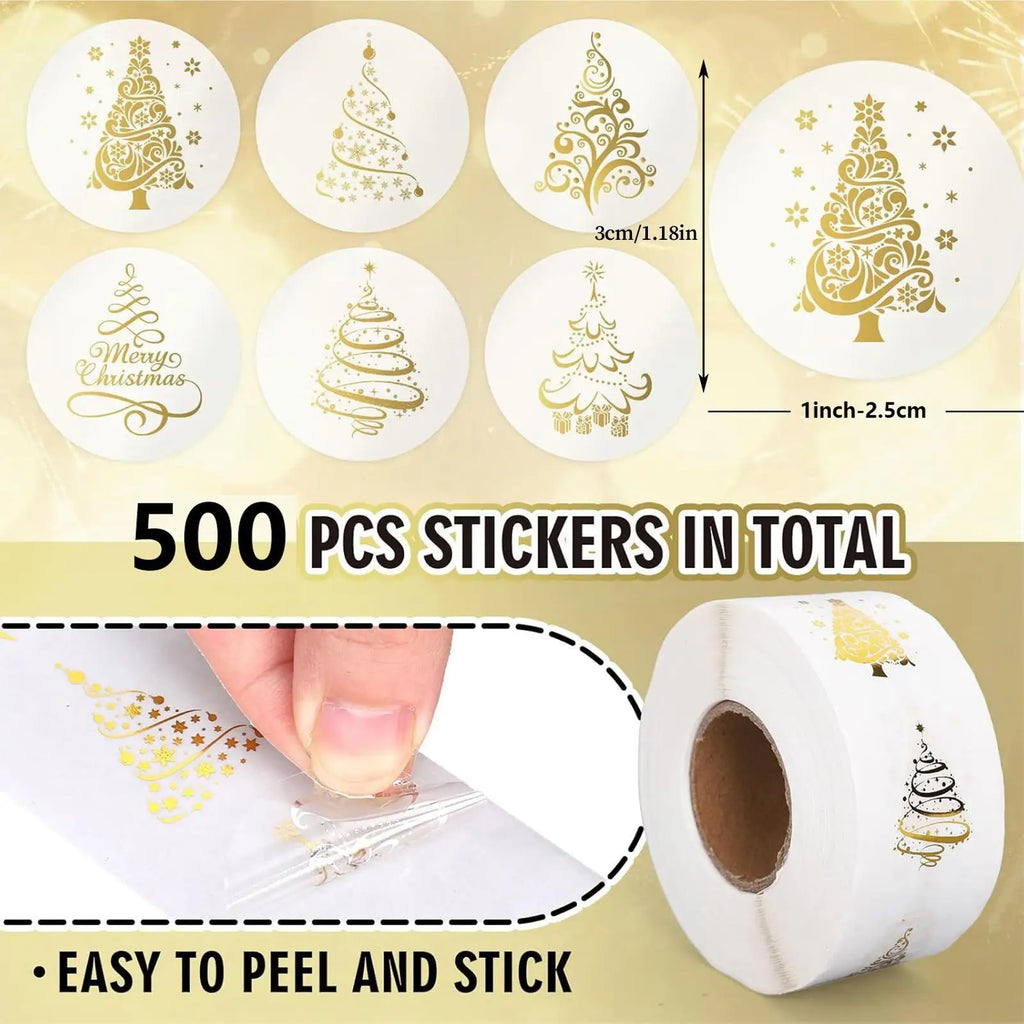 Christmas Card Stickers 500 Gold Foil Tree Labels 1-Inch Adhesive Qme