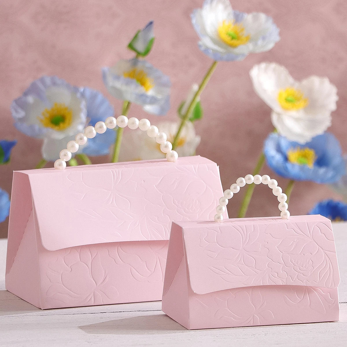 Set of 5 Luxurious Wedding Mini Gift Boxes with Letterpress Floral Design and Simulated Pearl Handles, Elegant Gift Boxes for Us Qme S-Pink-5Pcs Other Other