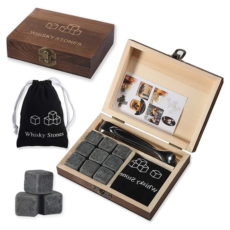9 PCS Whisky Ice Stones Reusable Ice Cubes Bar Tools Whiskey Cooling Ice Stones Gifts For Whisky Lovers Stone Wooden Box Set Qme